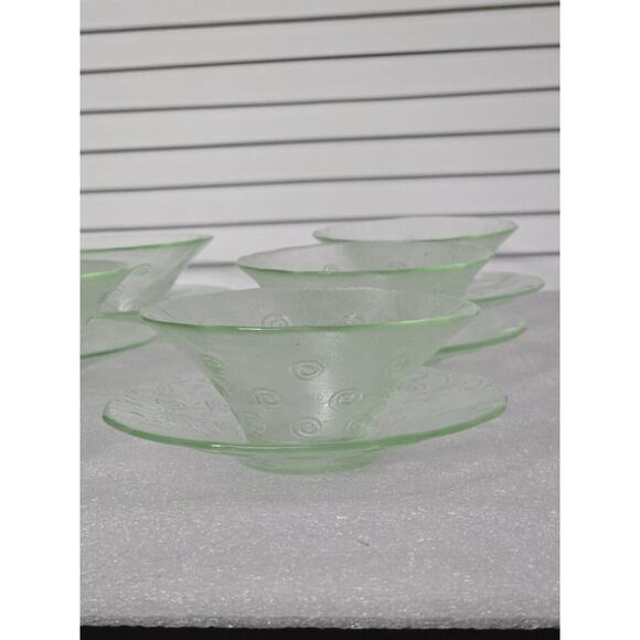 6 Sets Green Recycled Glass Bowls With Saucers Swirl Design EUC Vintage MCM - Picture 3 of 7